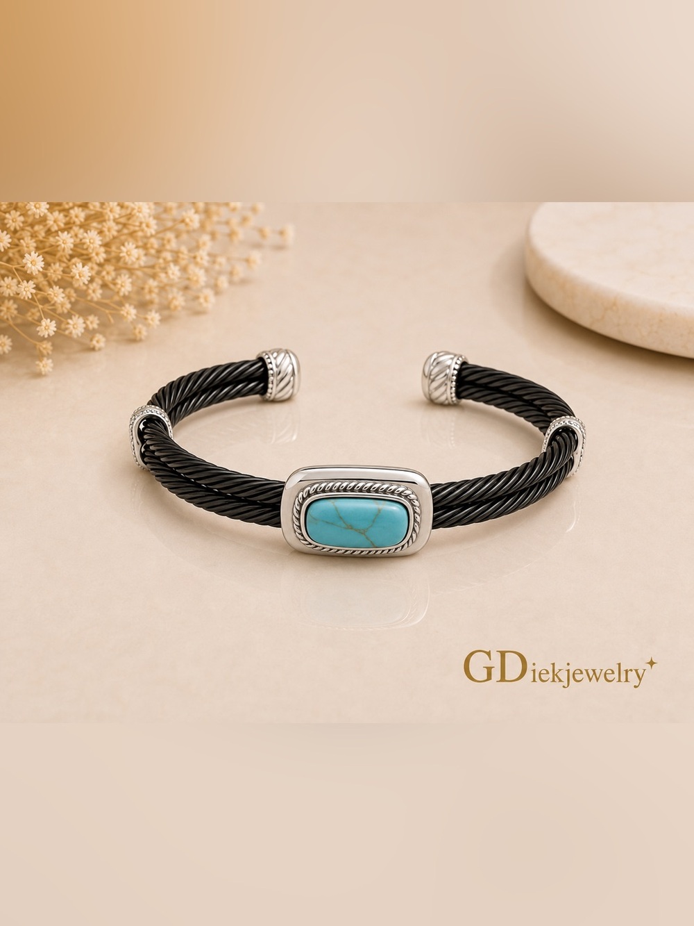 Stainless Steel Unisex Black Cable Cuff Bracelet with Turquoise Stone